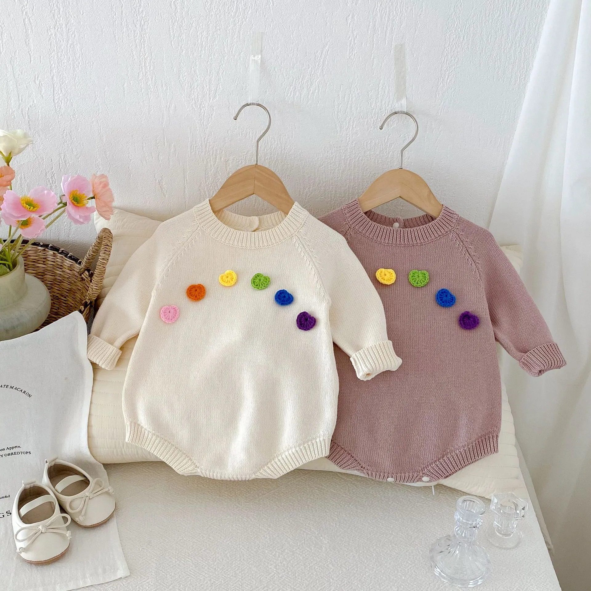 Nourrisson Bébé Filles Tricot Grenouillère Douce Mignon Manches Longues Col Rond Couleur Unie Fleurs Colorées Pulls Bodysuit Tenue Automne Hiver