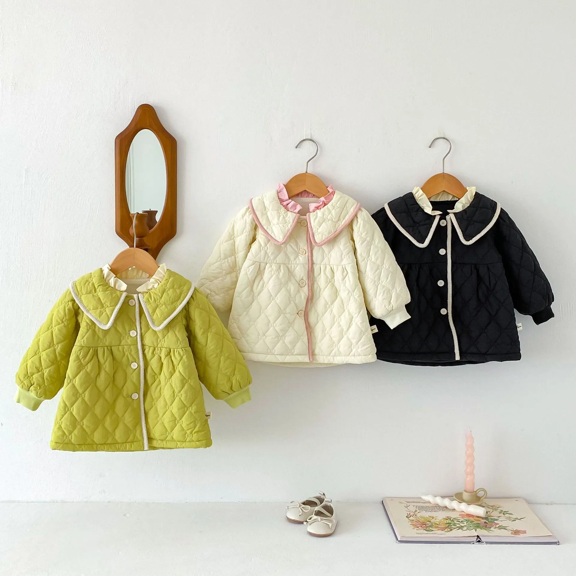 Toddler Girls Winter Cotton Padded Jacket Korean Style Quilted Single Breasted Outerwear Infant Cute Lapel Warm Coat