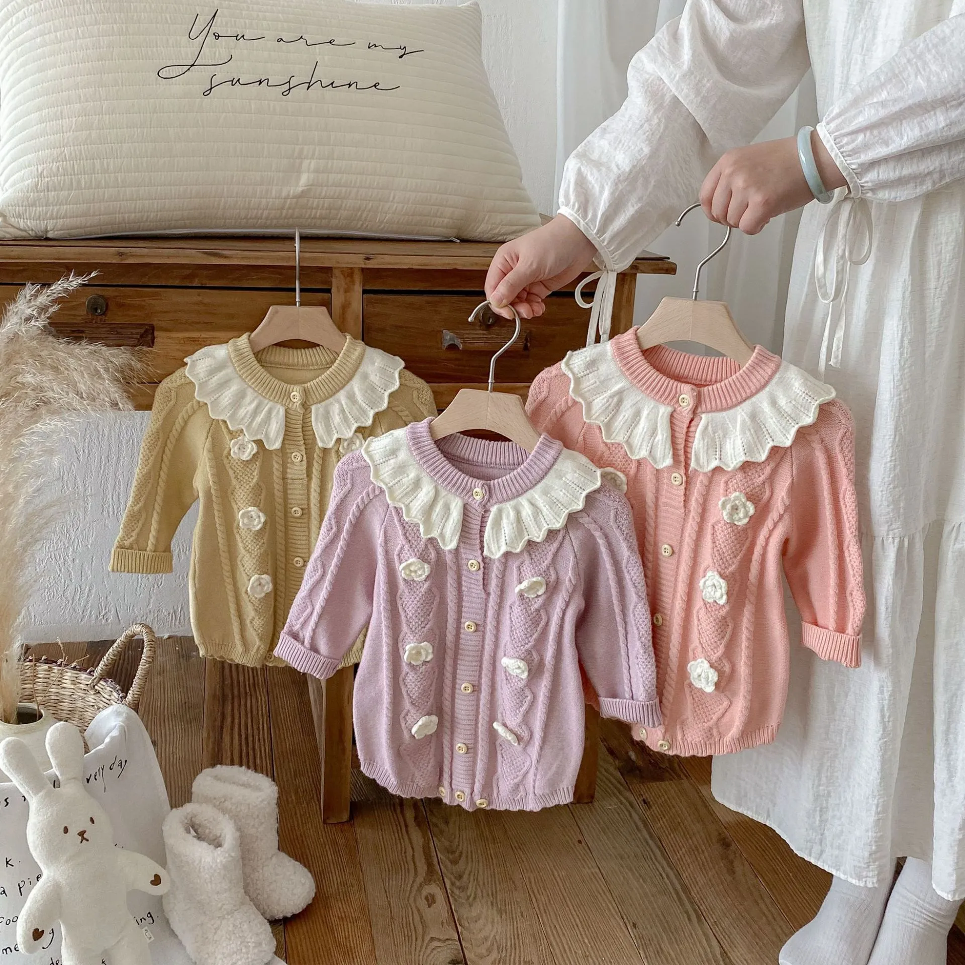 Infant Baby Girls Knit Romper Cute Ruffle Collar Hand Crocheted Flowers Long Sleeve Bodysuit Autumn Winter Baby Clothes