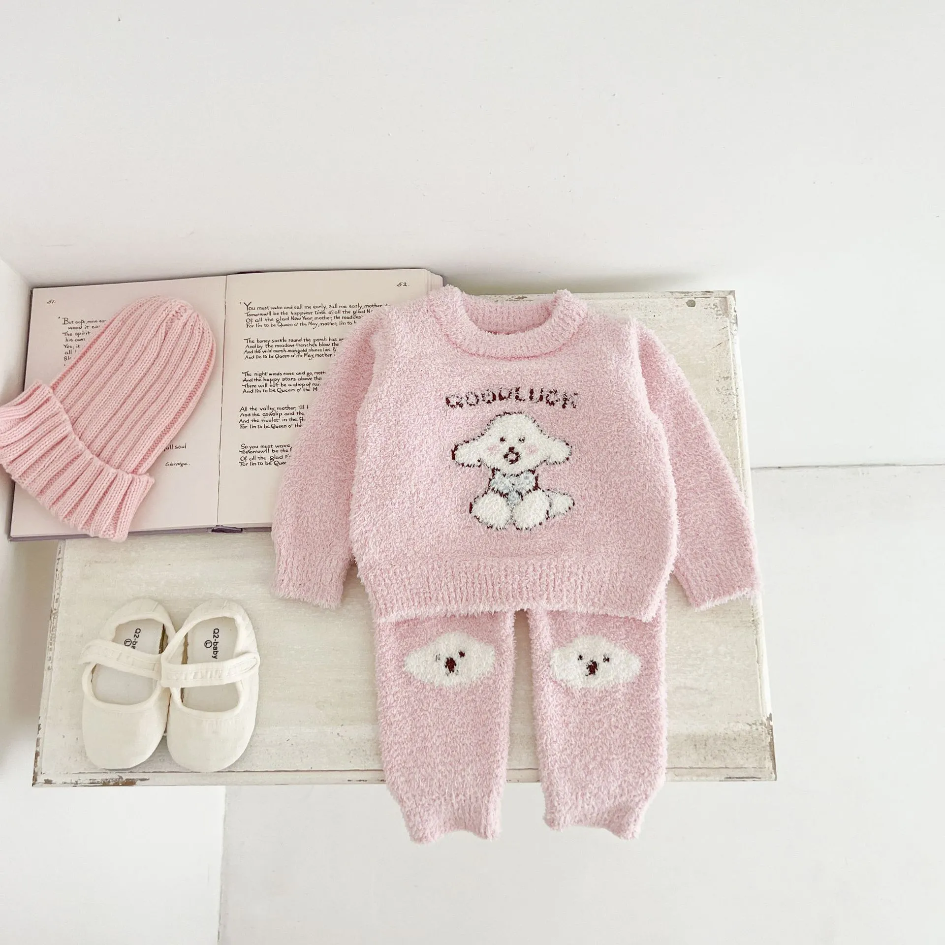 Infant Baby Winter Coral Fleece Pajamas Long Sleeve Top And Bottom Cute Puppy Pattern Toddler Sleepwear Warm Loungewear