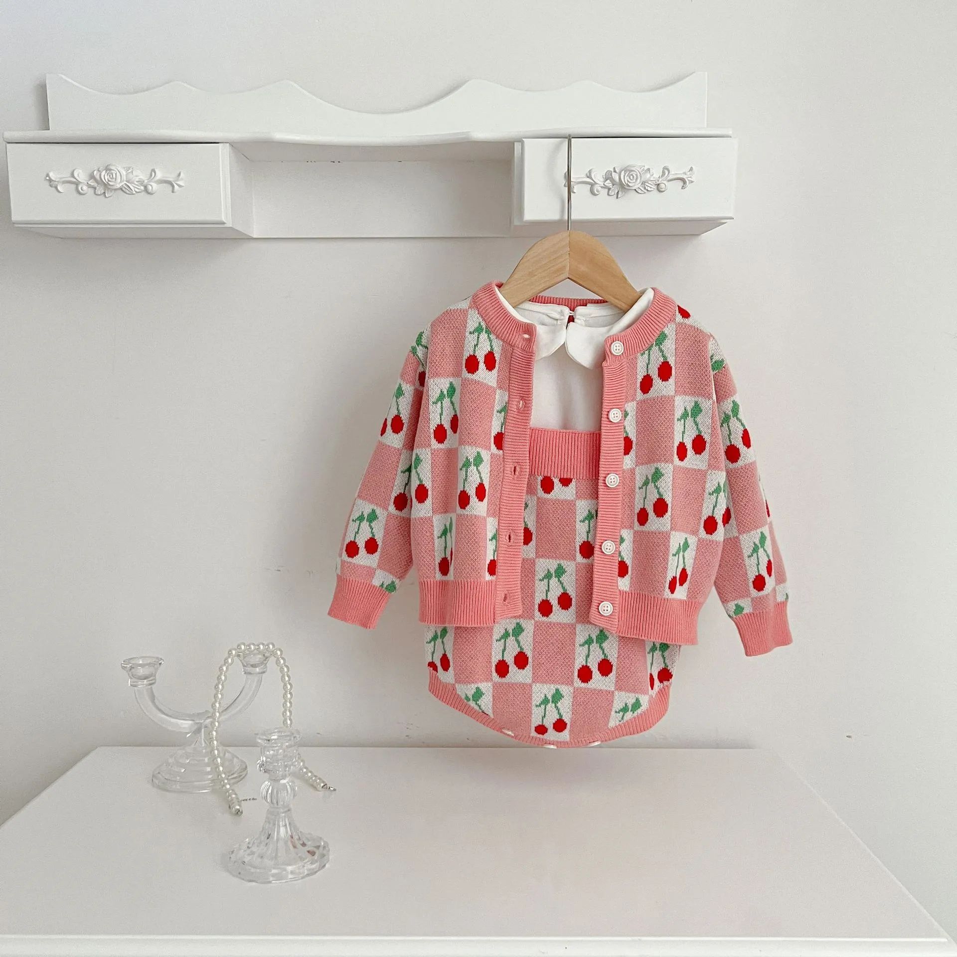Infant Baby Girls Knit Sweater Set Cute Cherry Jacquard Cardigan Romper Korean Style Toddler Outfit