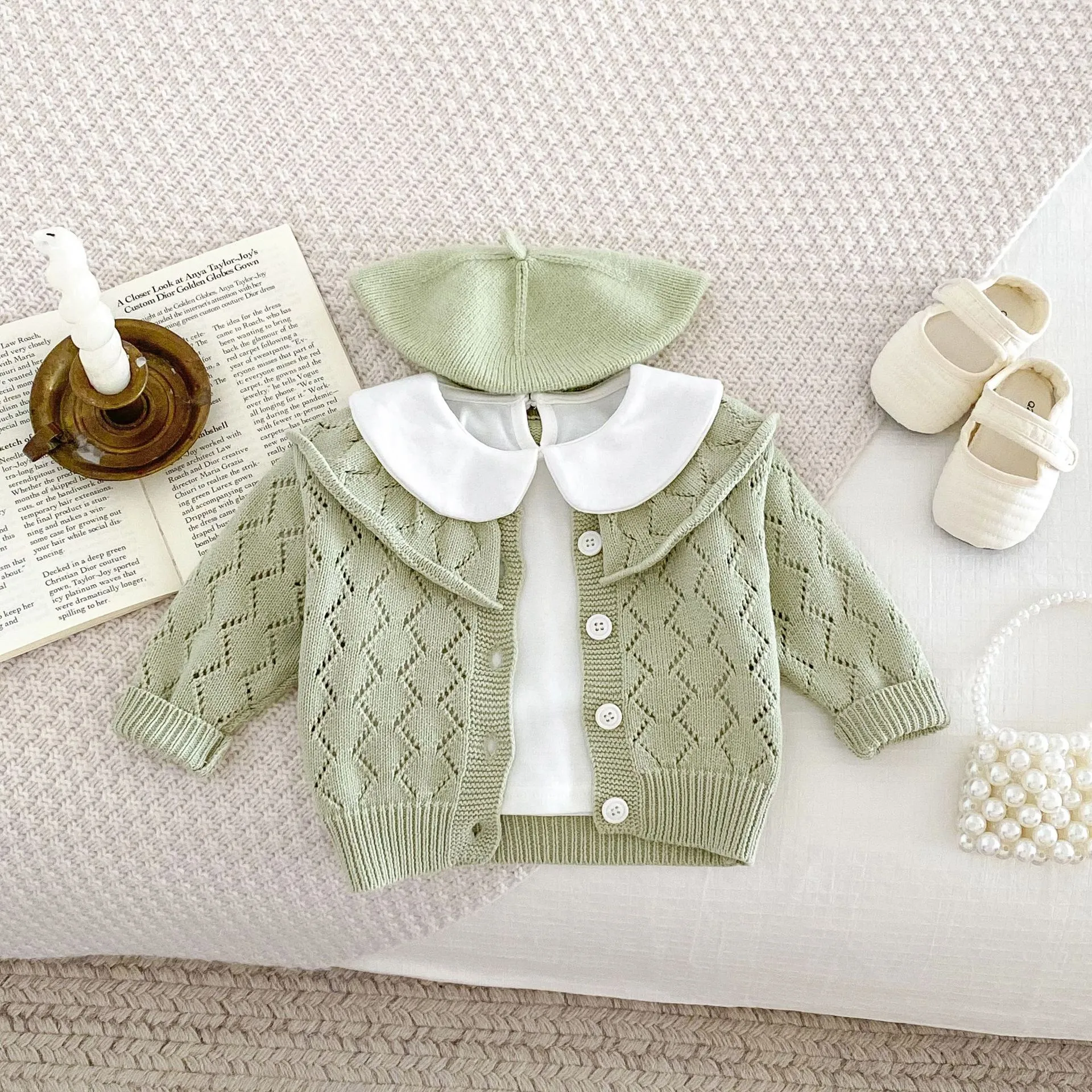 Baby Girls Knit Cardigan Autumn Cotton Hollow Out Ruffle Collar Long Sleeve Sweaters Infant Toddler Clothes