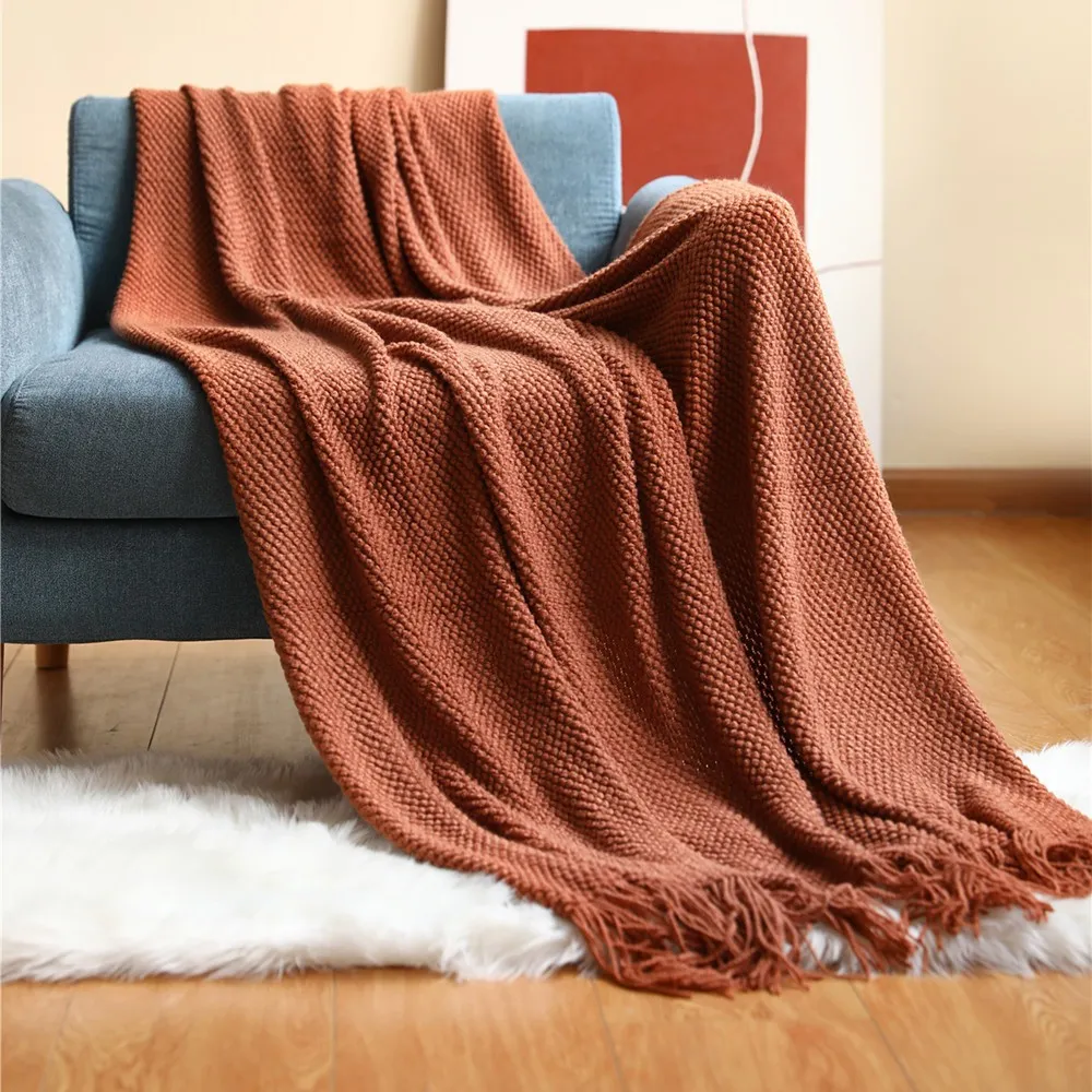 Nordic Style Solid Color Knitted Sofa Blanket With Fringe Soft Warm Decorative Throw Blanket For Office Home Bedding