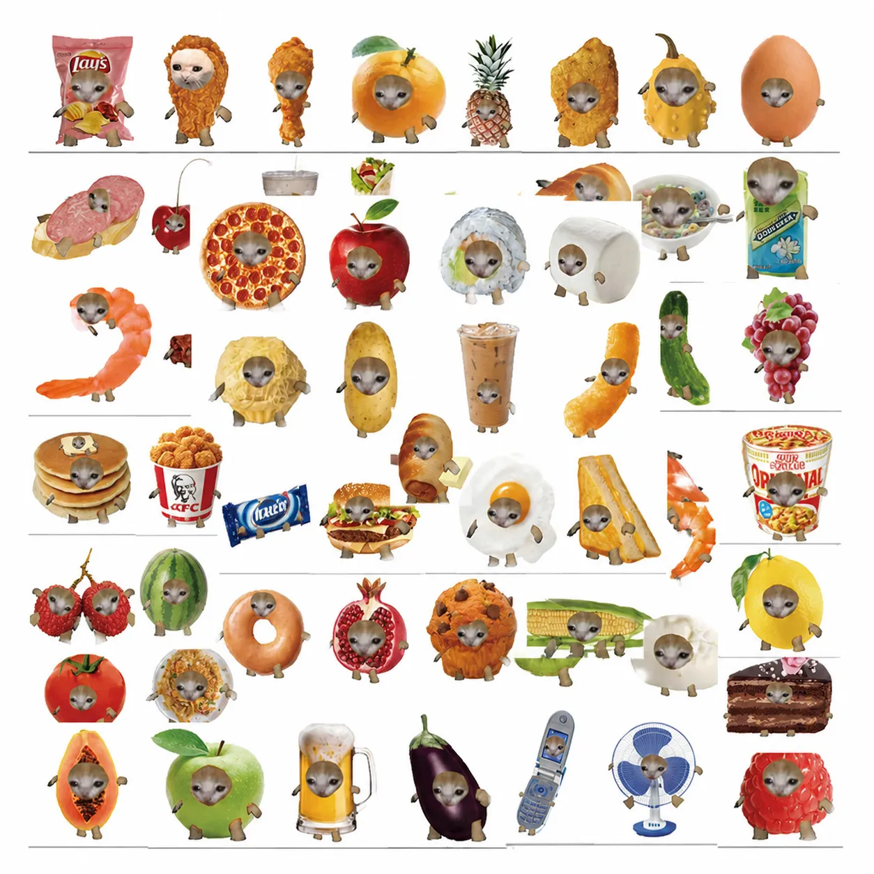 Funny Food Cat Meme Waterproof Stickers Cute Animal Graphic Decals For Laptop Water Bottle Journal Scrapbook