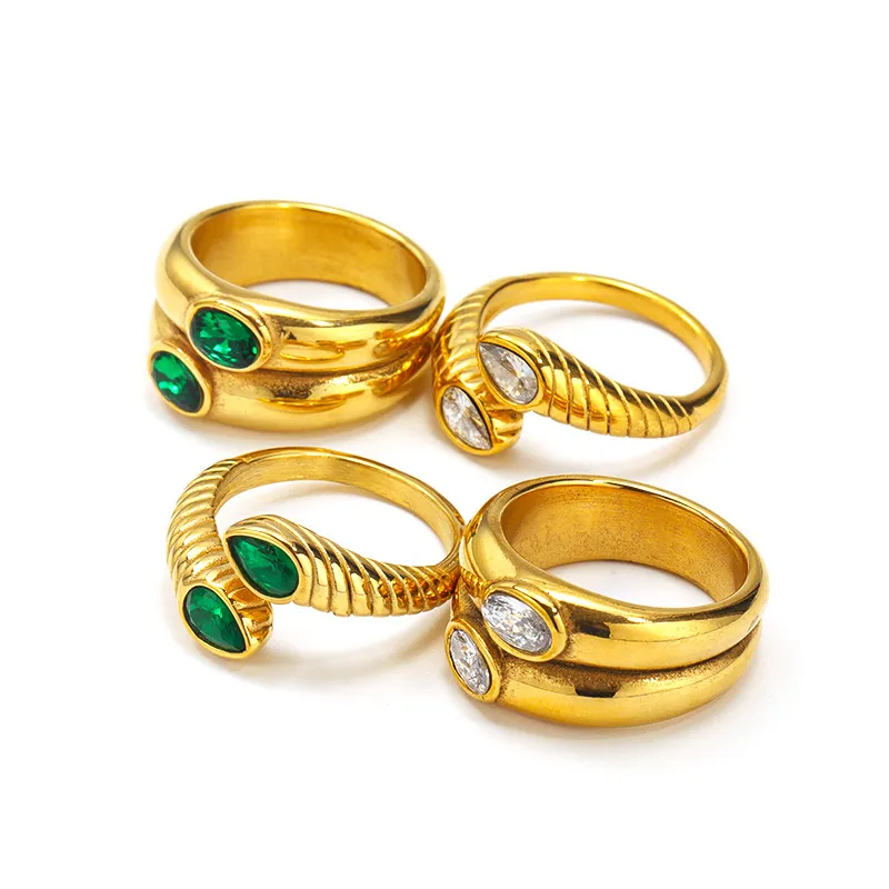 18K Gold Plated Titanium Steel Snake Ring For Women Double Layer Rhinestone Inlaid Open Ring European INS Style Fashion Jewelry