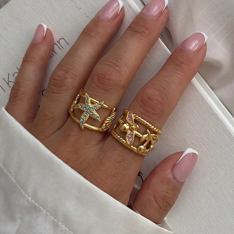 Fashion Stainless Steel 18K Gold Plated Marine Series Starfish Shell Open Ring For Women Rhinestone Inlaid Beach Jewelry
