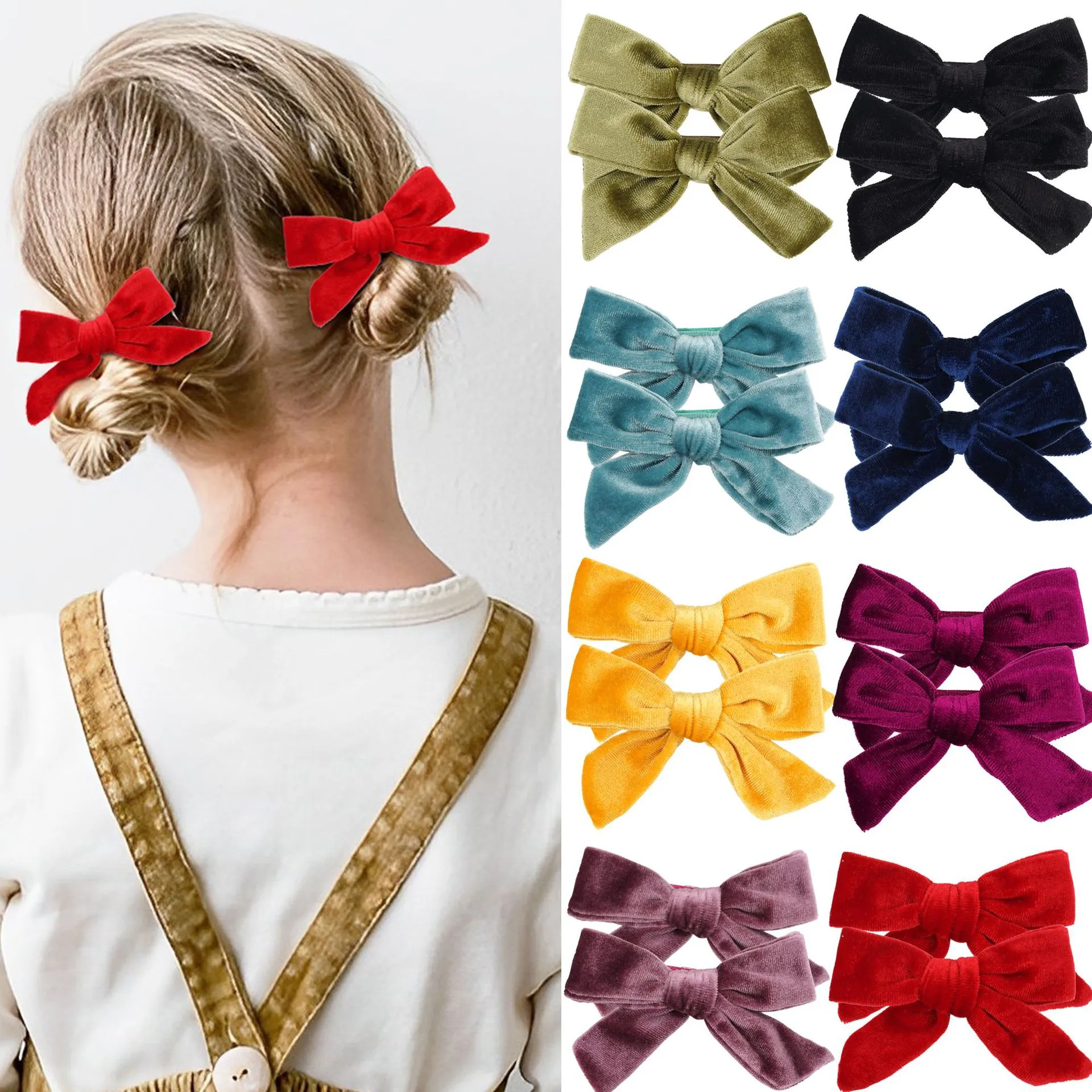 Handmade Velvet Bow Hair Clips For Girls Kids Autumn Winter Ribbon Bow Barrettes Set Handmade Hair Accessories For Girls