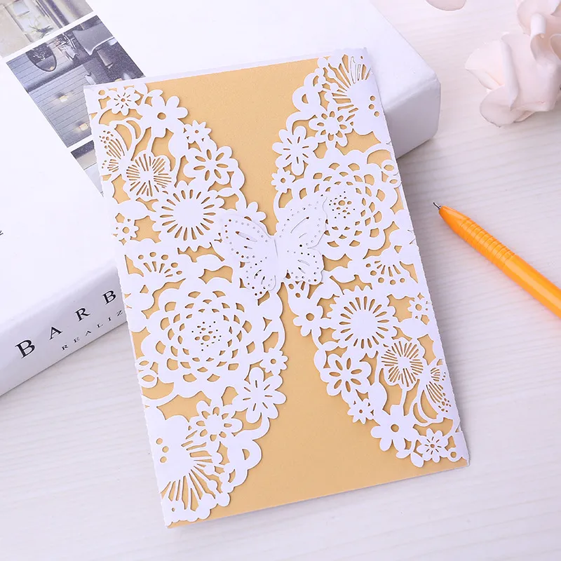 Tarjeta de Invitación Estilo Europeo Corte Láser Mariposa Floral Papel Perlado Boda Cumpleaños Fiesta Sobre con Hoja Interior