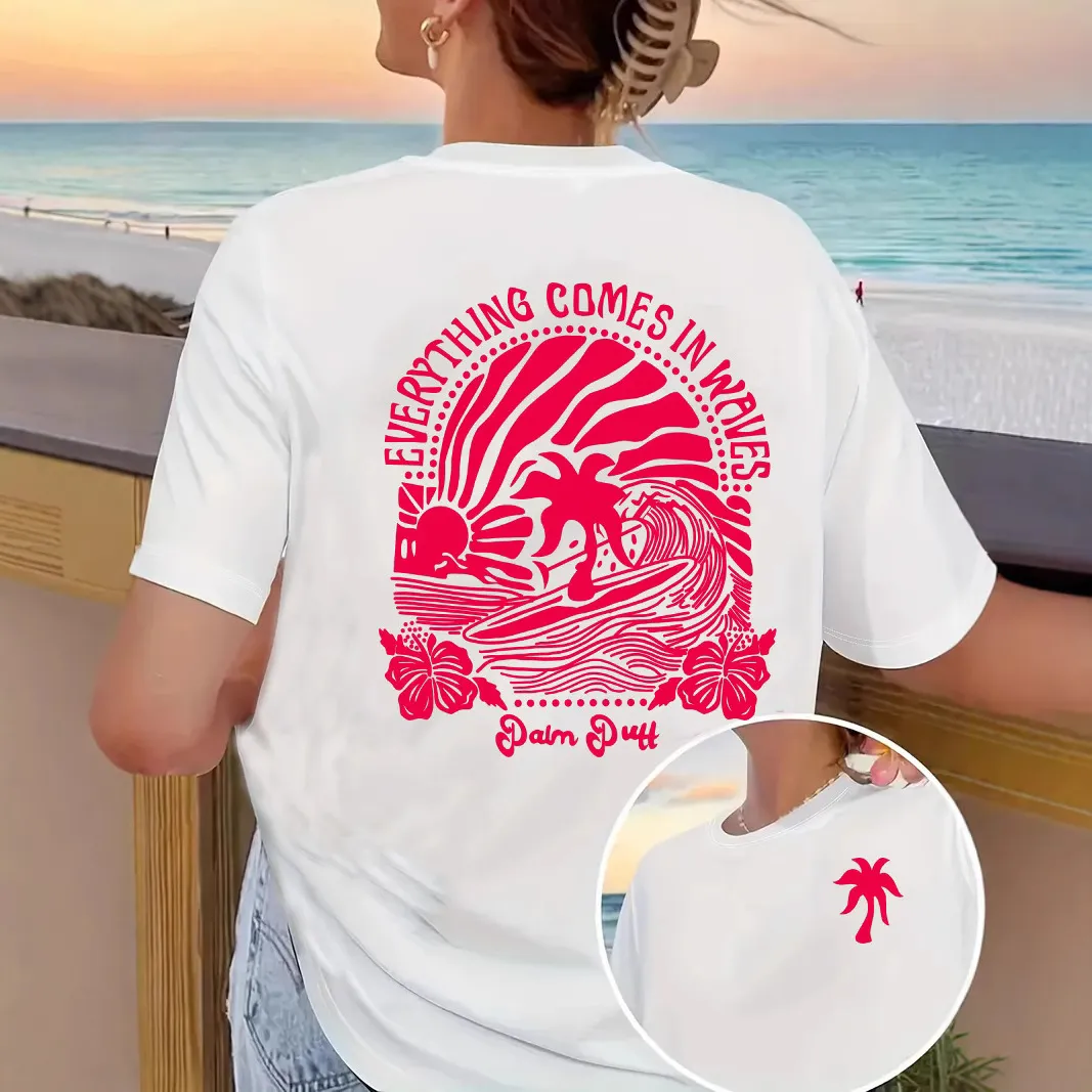 Camiseta de Algodón Estampada Everything Comes In Waves Unisex Palmera Tropical Manga Corta Top Casual