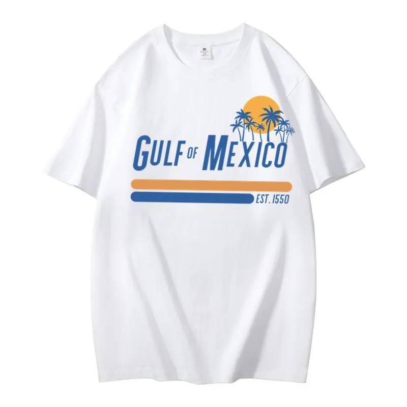 T-Shirt Imprimé Golfe du Mexique Hommes Femmes Coton Col Rond Large Manches Courtes Haut Vintage Style Plage Été