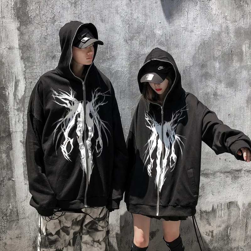 Top à Capuche Unisexe Style Sombre Imprimé Doublé Polaire Fermeture Éclair Totale Hip Hop Streetwear Veste Cardigan Ample pour Hommes Femmes
