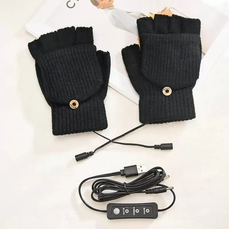 Guantes Calefactables USB Para Hombres Mujeres Invierno Cálido Cachemira Punto Mitones Sin Dedos Con Tapa 3 Niveles De Temperatura Ajustables Guantes Eléctricos