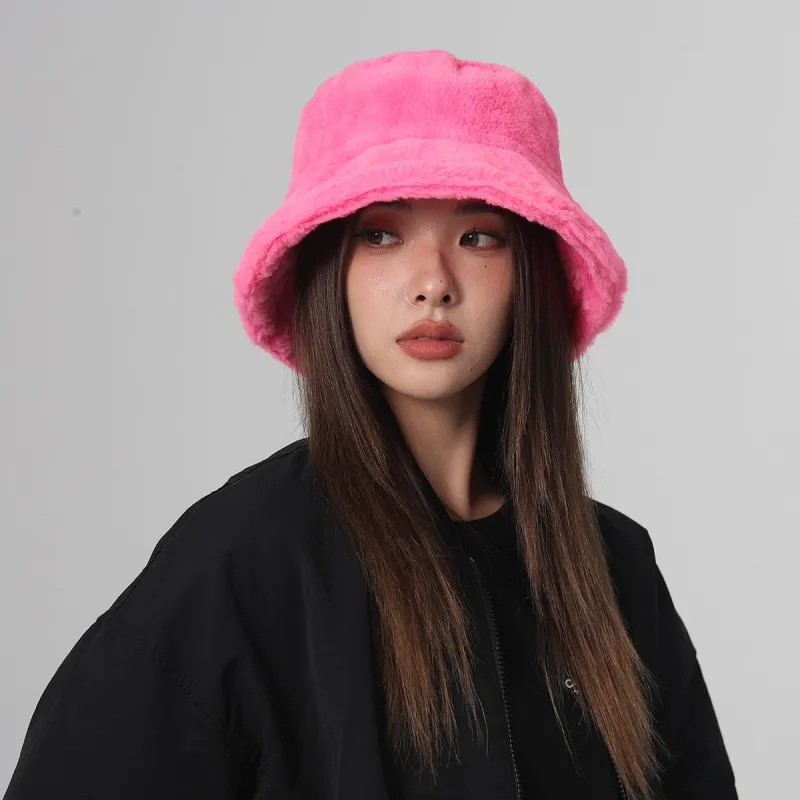 Cappello Bucket In Finta Pelliccia Caldo Peluche Inverno Autunno Tinta Unita Morbido Spesso Accessorio Per Donna