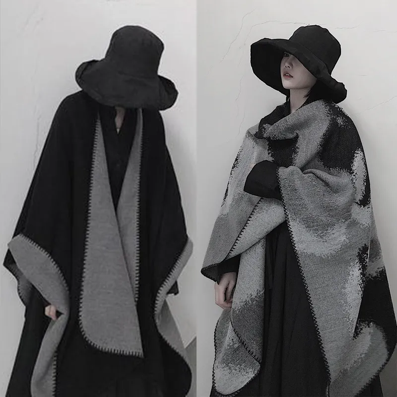 Women Winter Warm Acrylic Synthetic Cashmere Shawl Cape Stylish Solid Color Color Block Open Front Fringe Blanket Scarf
