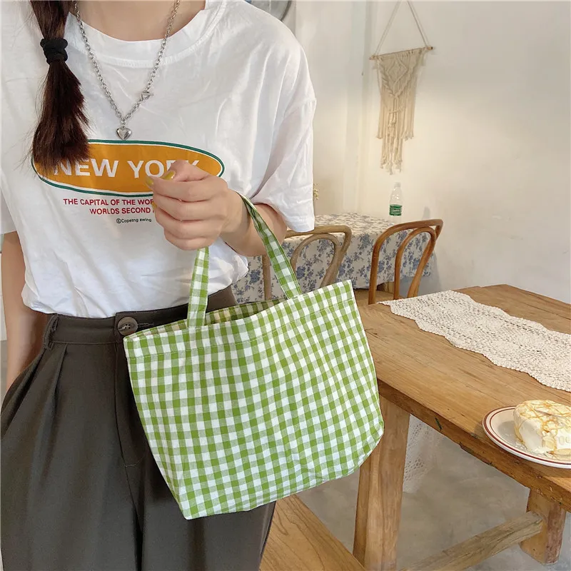 Japanese Style Gingham Cotton Linen Handbag Literary Fresh Plaid Lunch Bag Portable Lightweight Tote Bag For Students Women Daily Casual Small Purse
