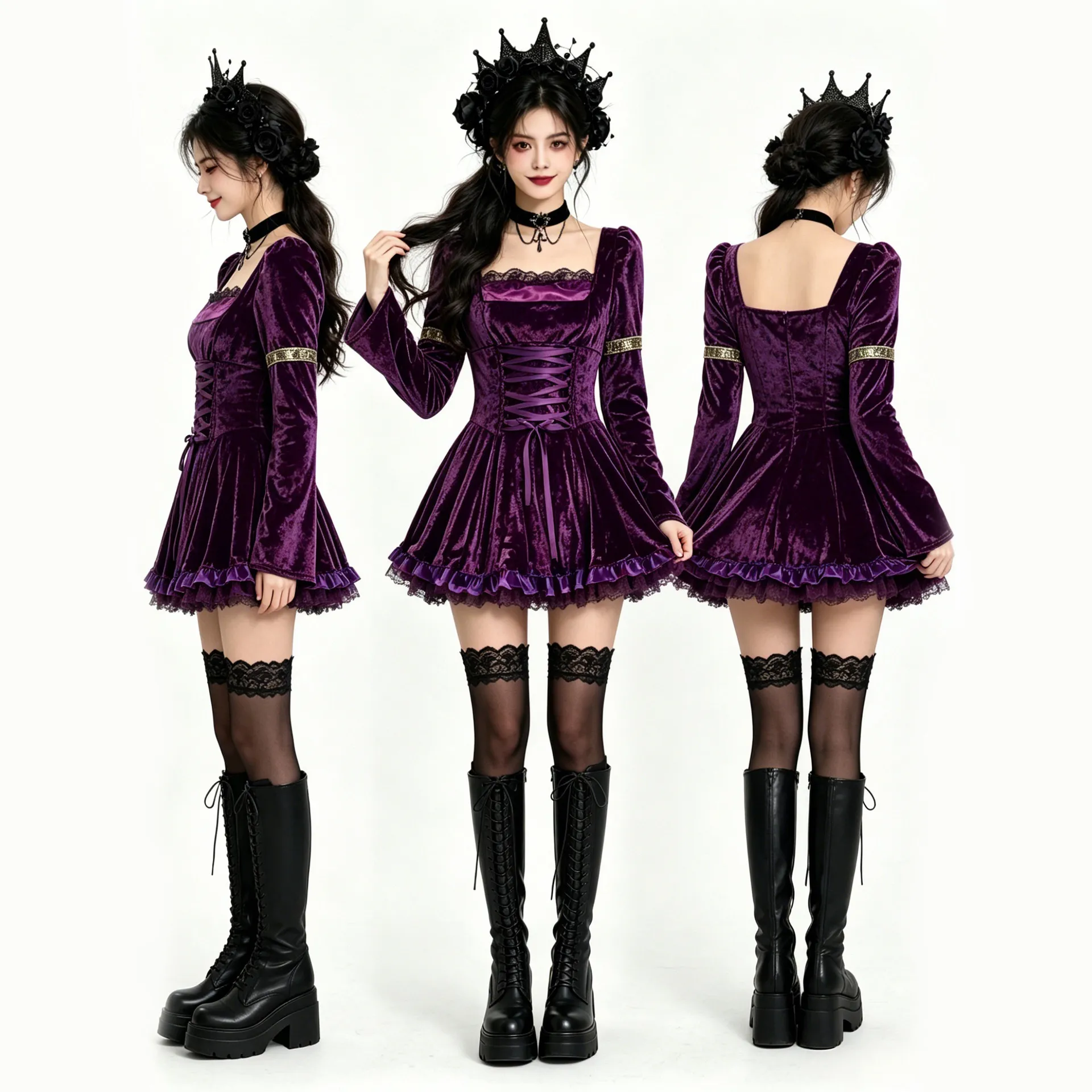 Gothic Dark Vampire Lace Velvet Dress Women Long Sleeve Square Neck Corset Party Halloween Performance Costume