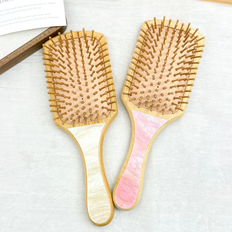 Handmade Bamboo Acetate Air Cushion Paddle Hairbrush Scalp Massage Brush Detangling Tool Retro Rounded Wood Teeth For Women Hair Styling