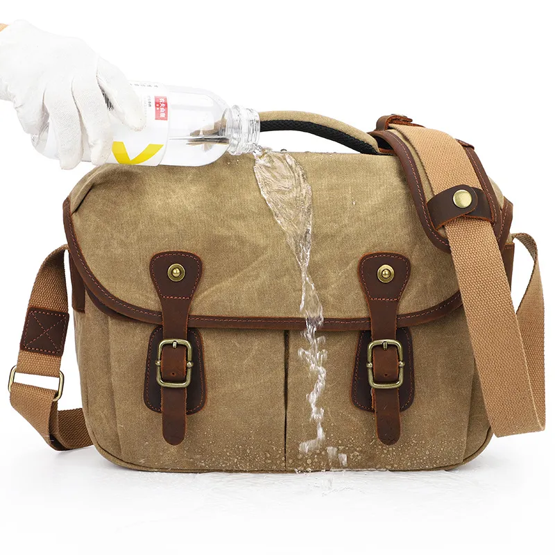 Vintage Waterproof Canvas DSLR Camera Bag SLR Photography Shoulder Crossbody Bag Multifunctional Travel Tech Storage Bag