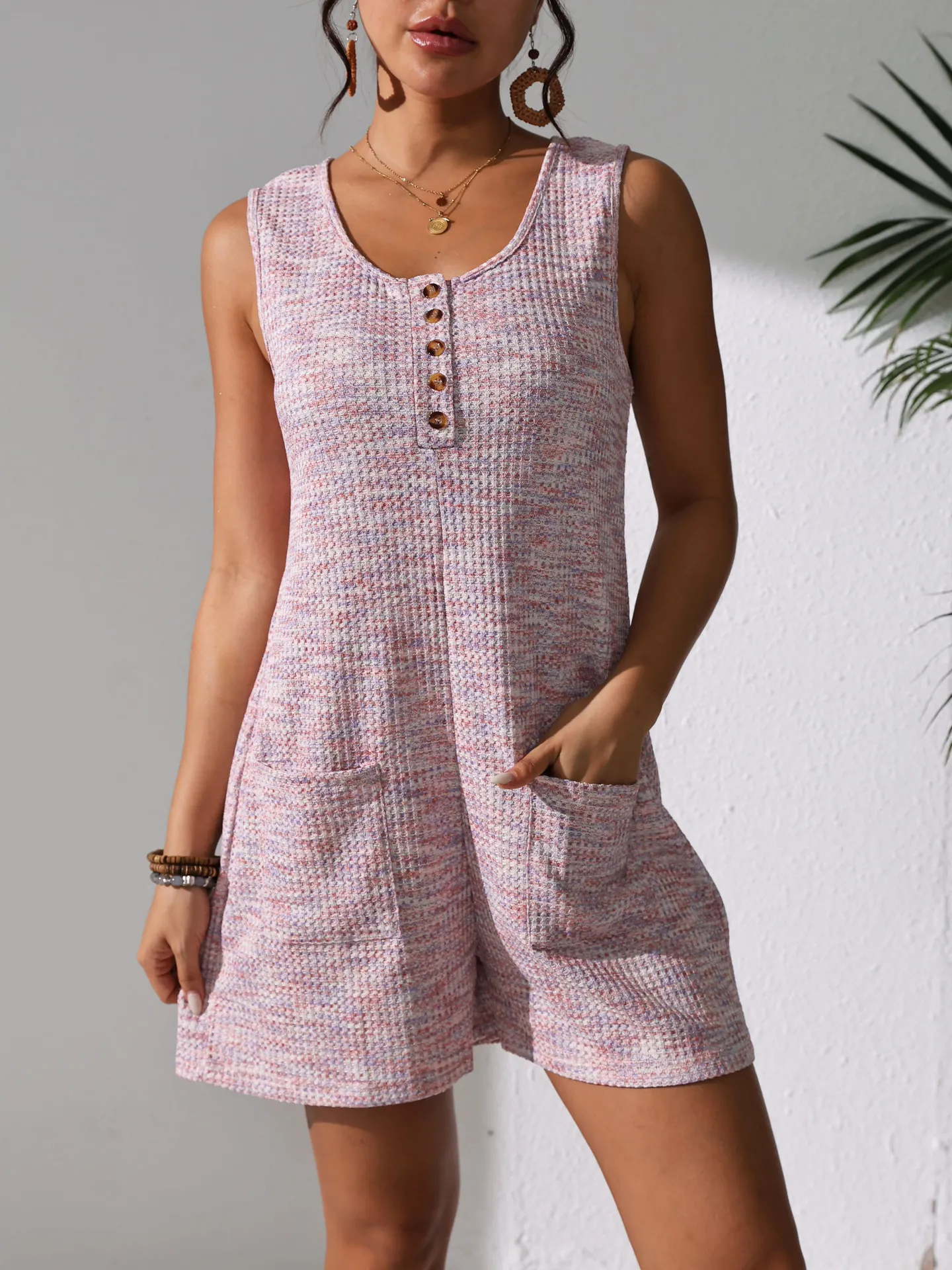Women Casual Waffle Knit Sleeveless Romper Button Up Summer Jumpsuit With Pockets Elegant Loose Fit Shorts Overall Beachwear