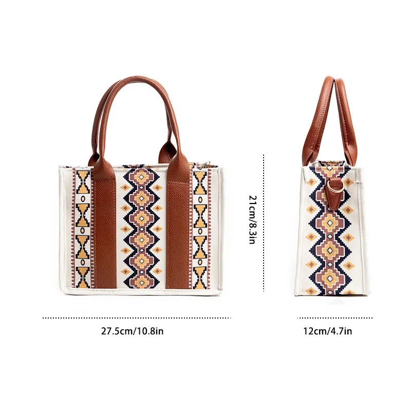 Women Canvas Tote Bag Vintage Aztec Geometric Pattern Handbag Casual Shoulder Bag With PU Leather Handles