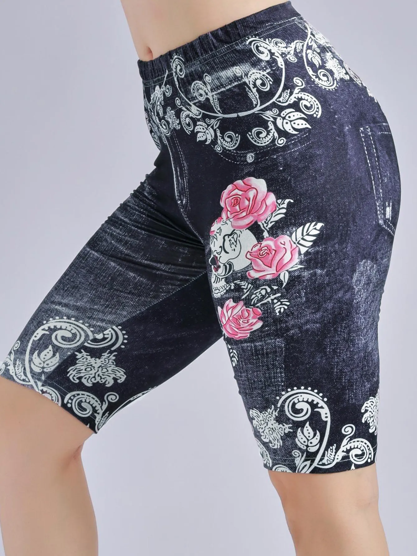 Damen Hoher Bund Falsch Denim Gedruckt Bermuda Shorts Totenkopf Rosenmuster Schmale Passform Elastische Lässige Leggings