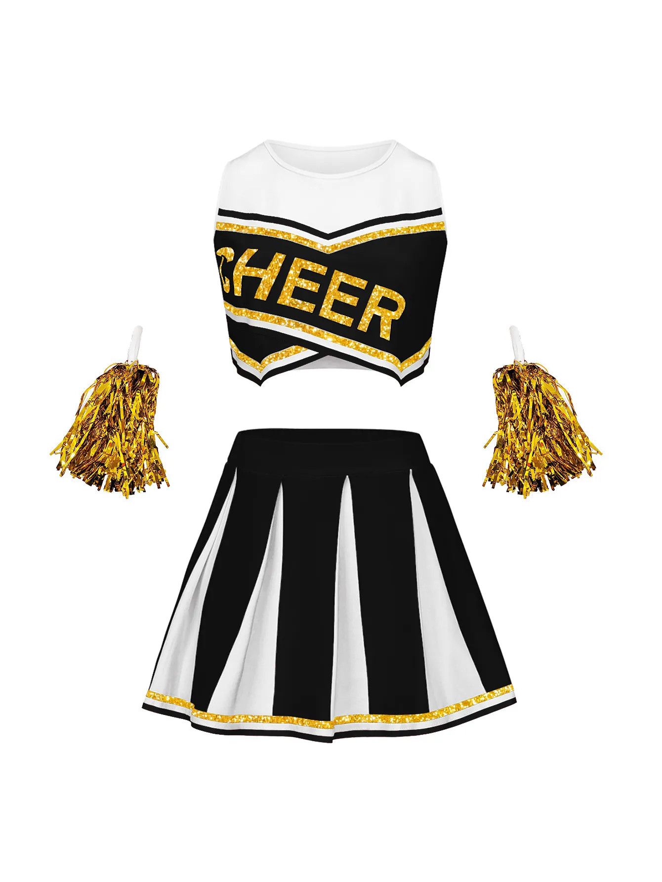 Ensemble d'Uniforme de Pom-Pom Girl pour Femmes Col V Sans Manches Crop Top et Jupe Plissée avec Pompons Tenue de Performance