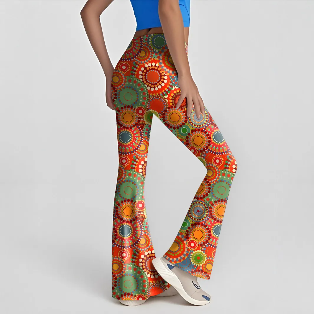 Women High Waist Flare Pants Geometric Printed Slim Fit Yoga Sports Long Trousers Casual Elastic Stretch Bottoms