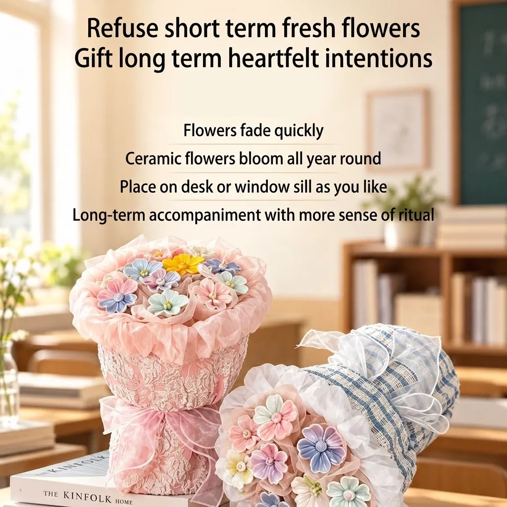 Handgemaakt Keramiek Bloemenboeket Ornament Jingdezhen Ambacht Dag van de Leraar Cadeau Met Tas Voor Leraar Verjaardag Thuis Decor