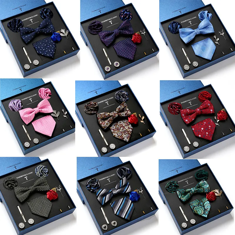Mannen Zakelijk Huwelijk Formele Stropdas Set Bloemen Jacquard Pijl Stropdas Pochet Manchetknopen Broche Geschenkdoos