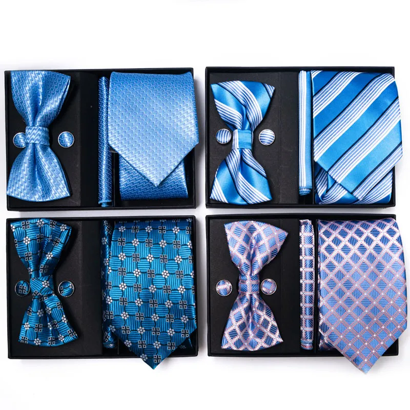 Corbata de Negocios para Hombre Boda Jacquard Cuadrados Flecha Pañuelo Gemelos Set Caja de Regalo Novio