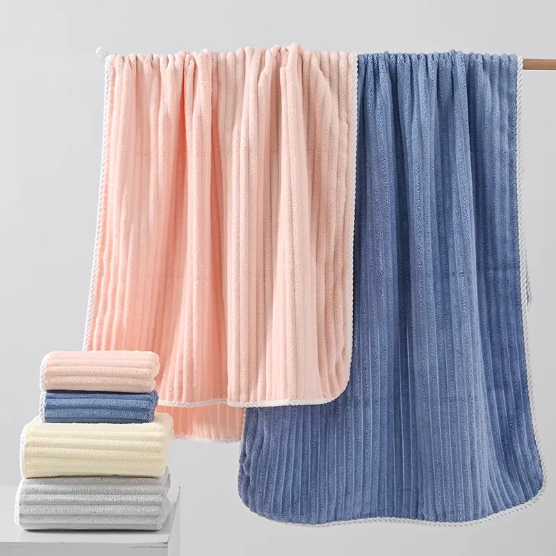 Drap de Bain en Polaire Corail Ensemble Trois Pièces Rayé Doux Absorbant Serviette Bonnet de Bain