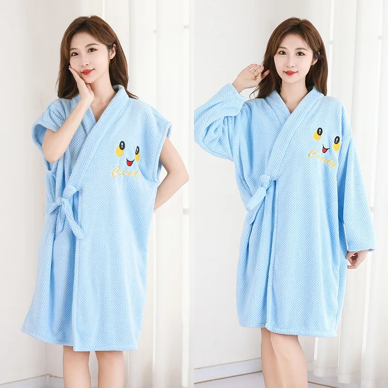 Thickened Coral Fleece Bathrobe For Women Men Warm Soft Absorbent Wearable Bath Towel Sleeprobe Casual Home Wear
