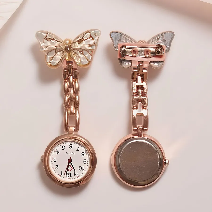 Crystal Gradient Butterfly Nurse Watch Quartz Pocket Watch Women Student Cute Medical Brooch Lapel Watch Jewelry
