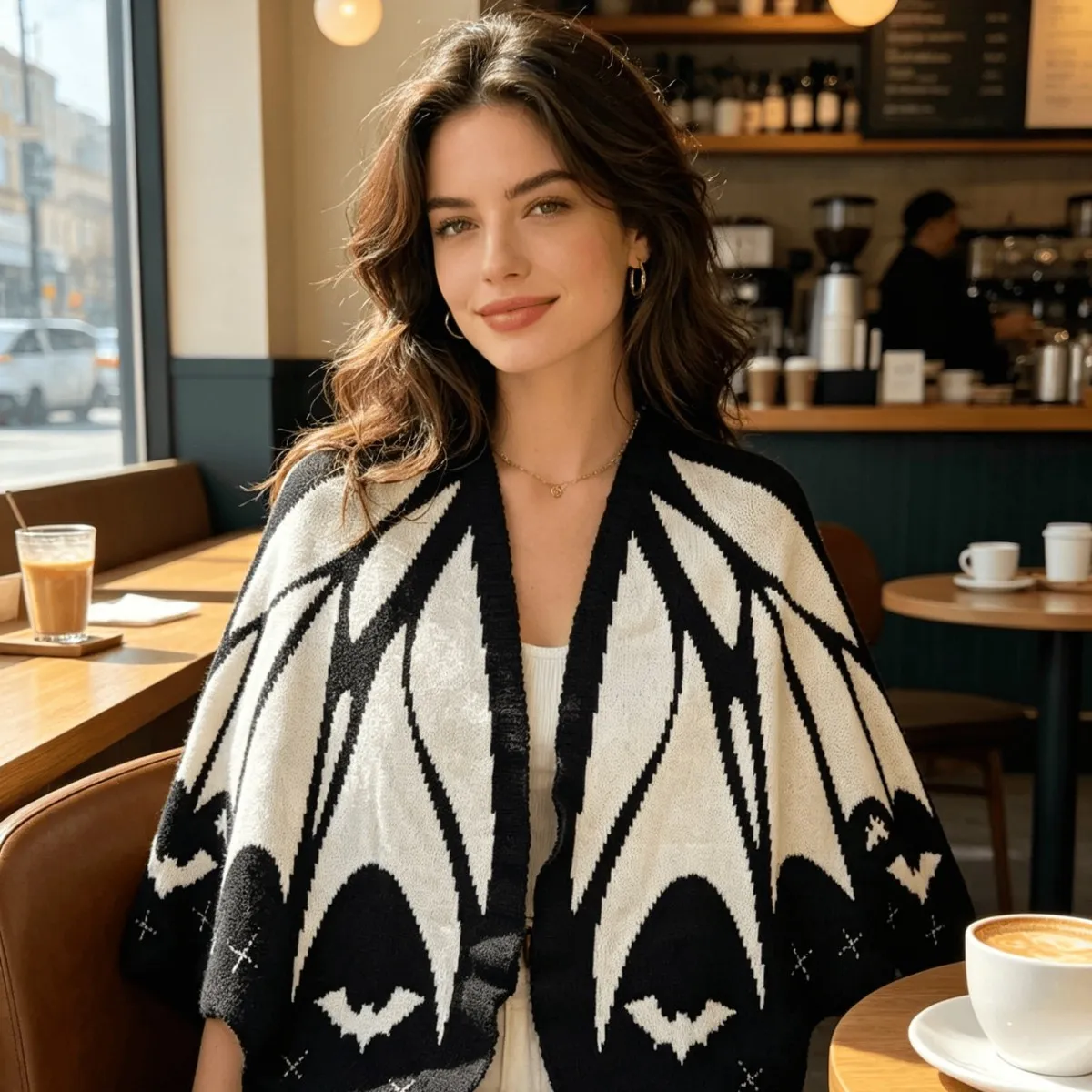 Halloween Bat Wing Knit Shawl Cape Women Gothic Irregular Ghost Cardigan Open Front Poncho Wrap Fall Winter Outerwear