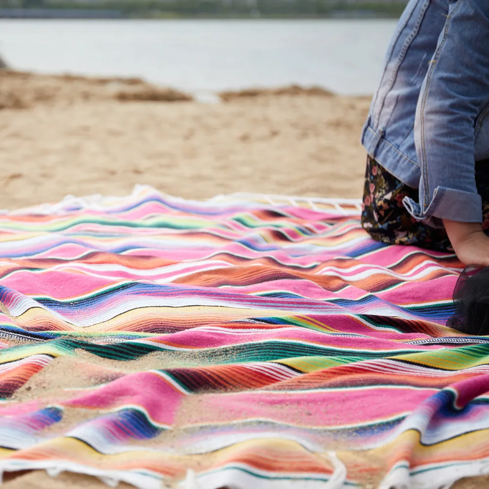 Mexican Serape Blanket Ethnic Stripe Table Runner Woven Fringe Beach Throw Picnic Mat Home Decor