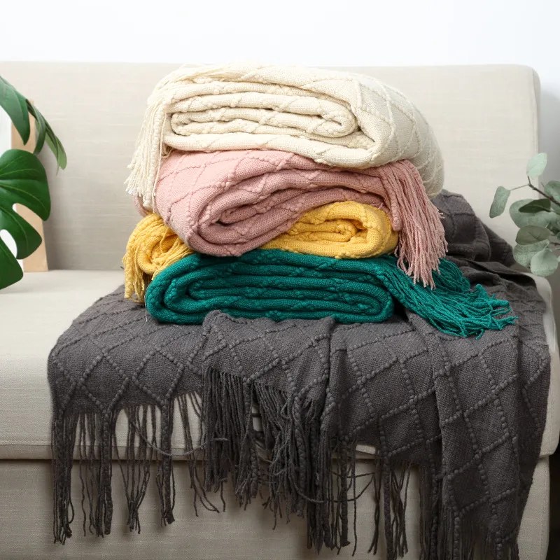 Geometric Knitted Blanket Nordic Sofa Blanket Tassels Fringe Throw Blanket Soft Warm Bed Cover Home Living Room Decor