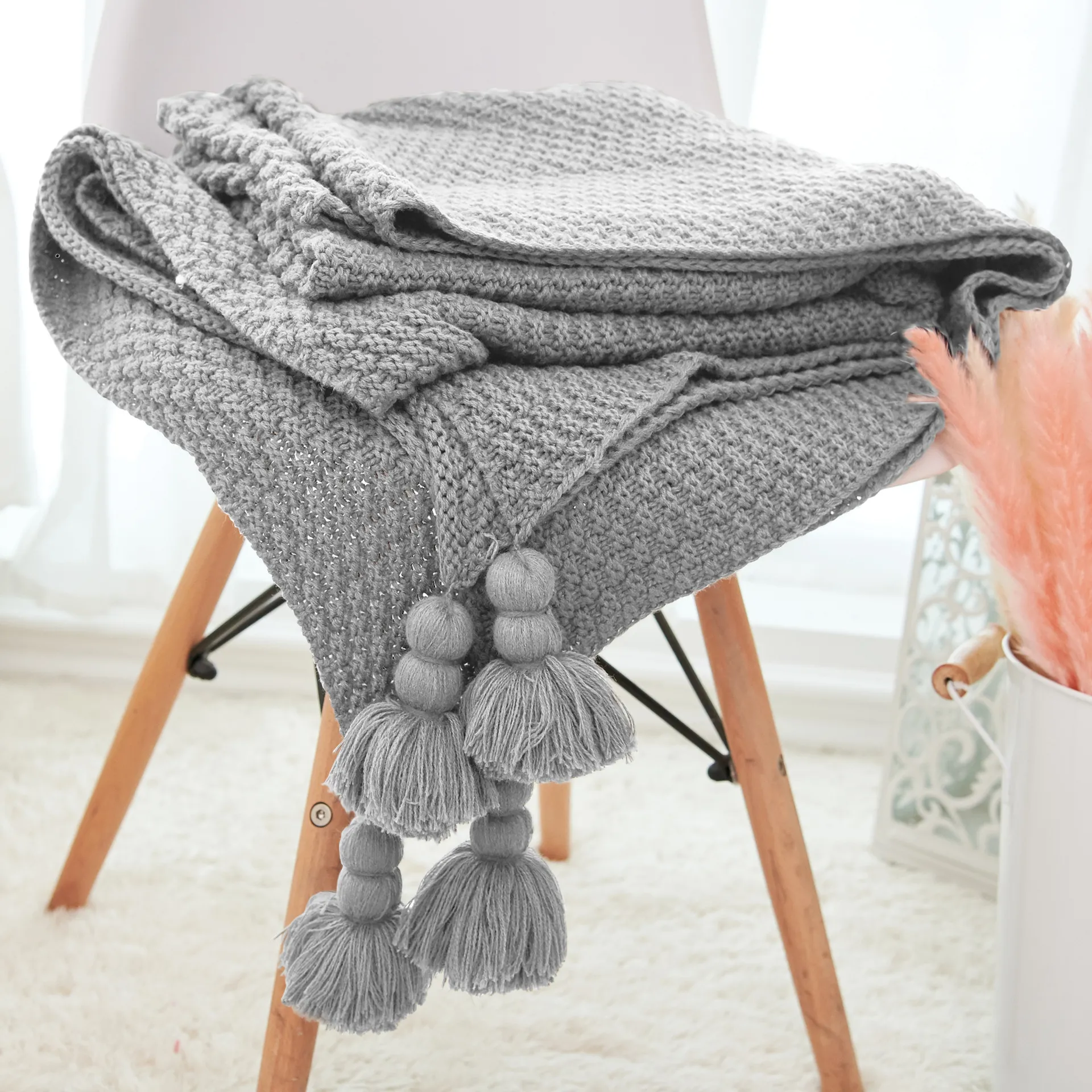 Nordic Knitted Throw Blanket Tassel Pom-poms Pineapple Pattern Air Conditioning Sofa Bed Blanket Home Decor