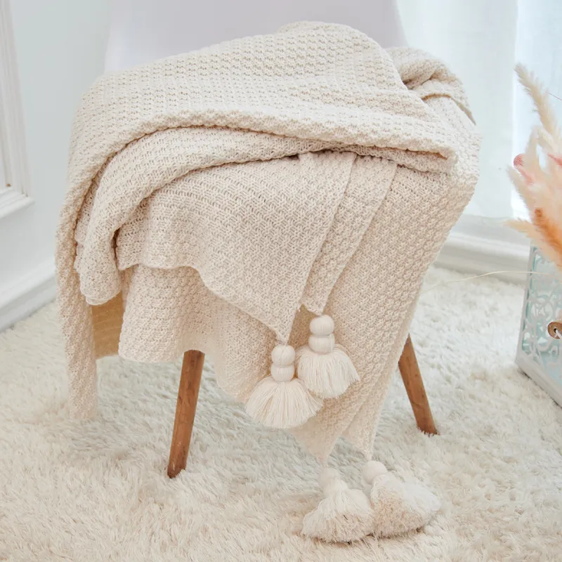 Nordic Tassels Knitted Blanket Pineapple Pattern Pom-pom Sofa Throw Blanket Acrylic Warm Home Bedroom Bedding Decor