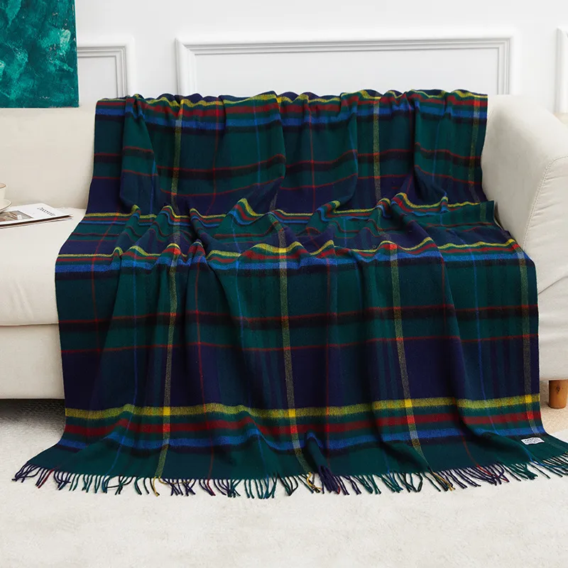 Pure Wool Plaid Blanket Tassel Fringe Warm Cozy Tartan Throw Blanket For Couch Sofa Bed Home Travel Air Conditioning