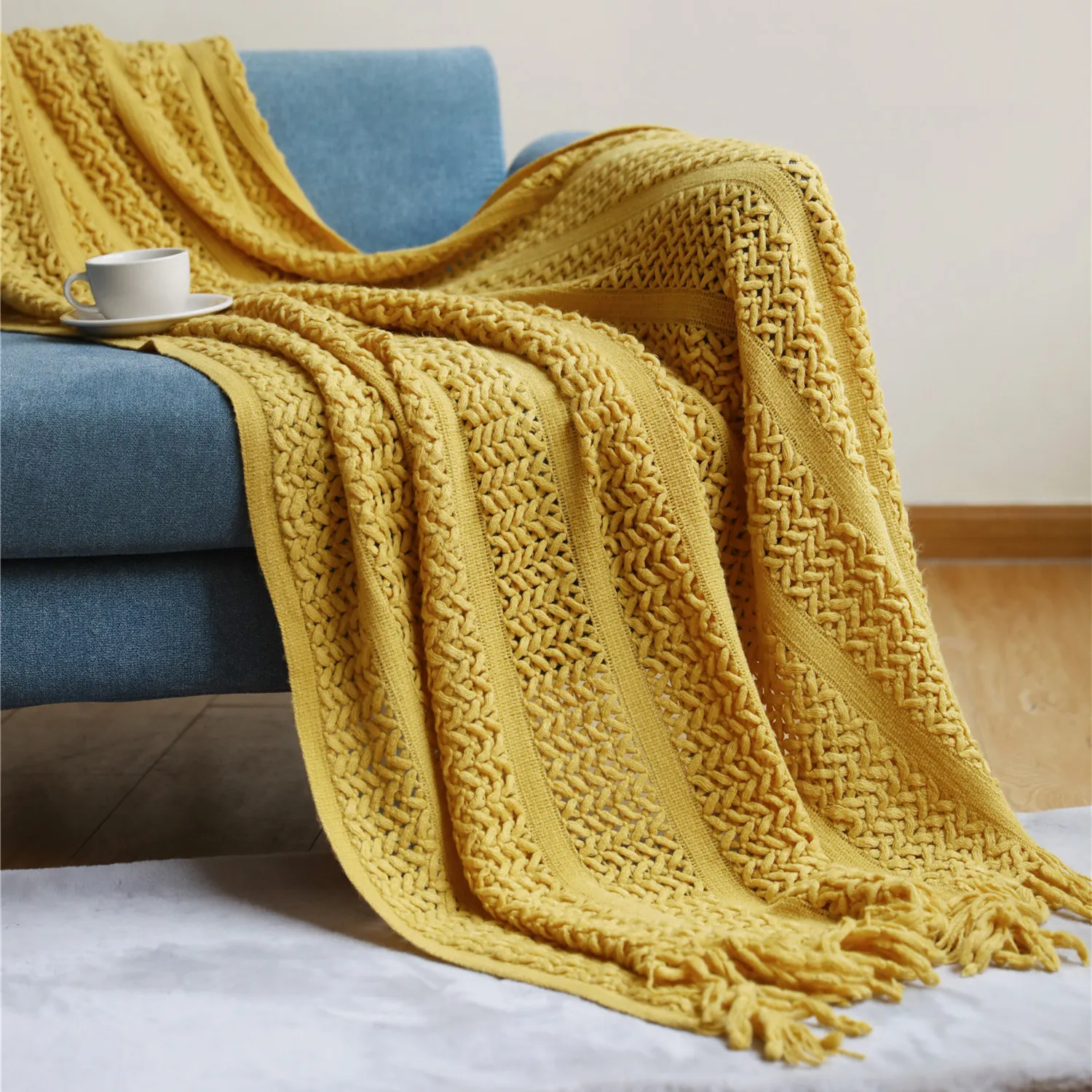 Couverture Jeté en Tricot Nordique Pour Canapé Lit Franges Décorative Motif Géométrique Tissée