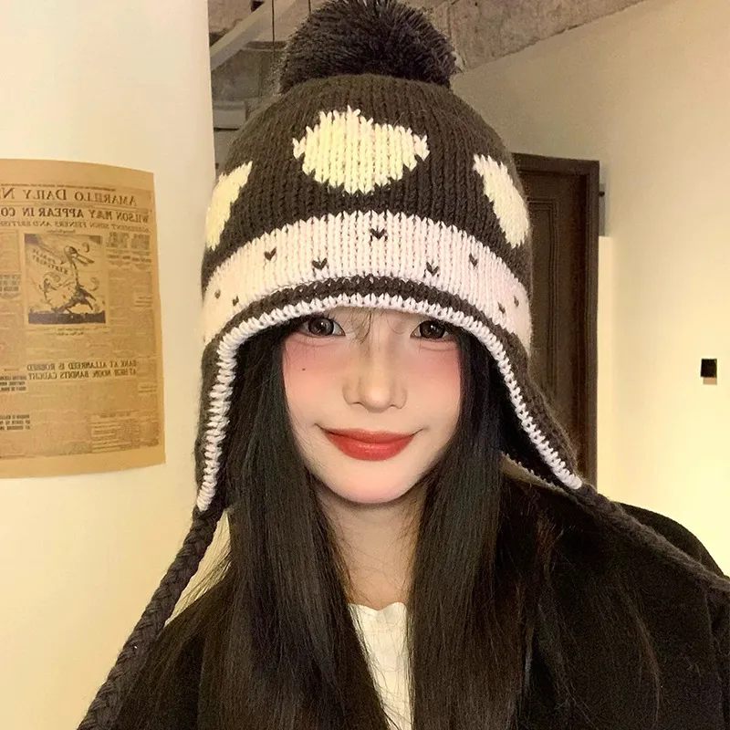 Winter Warm Thickened Knitted Beanie Hat Cute Strawberry Jacquard Pom Pom Ear Flap Knit Cap Fleece Lined Thermal Women Hat