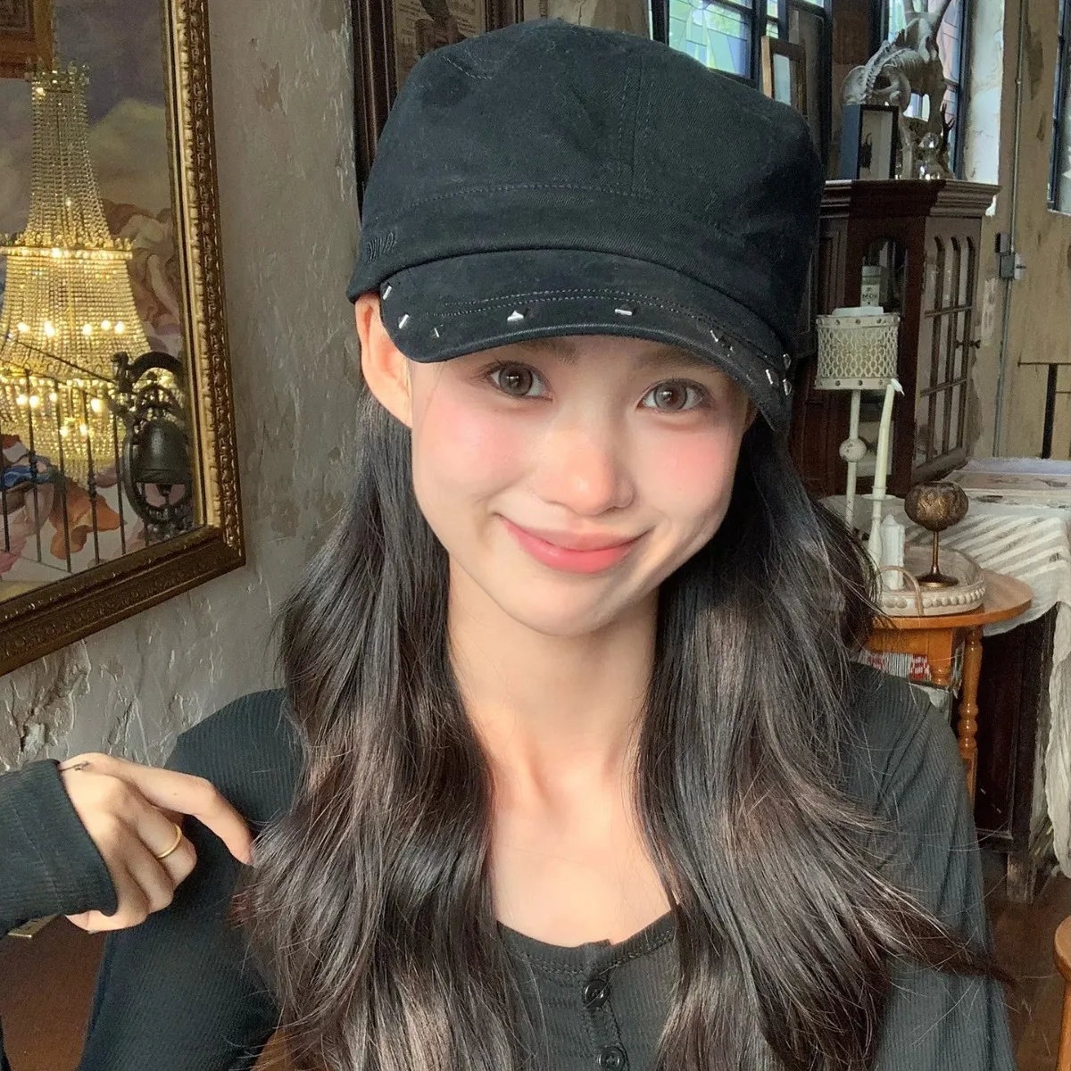 Mujer Boinas Planas Retro Algodón Gorra Duckbill Con Remaches Metálicos Moda Casual Sombrero Visera Color Sólido