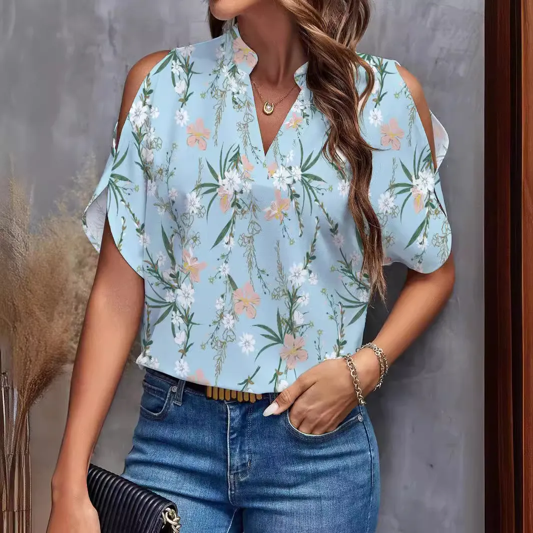 Women Summer Casual Solid Color V-Neck Cold Shoulder Short Sleeve Top Polyester Loose Fit Fashion Tee