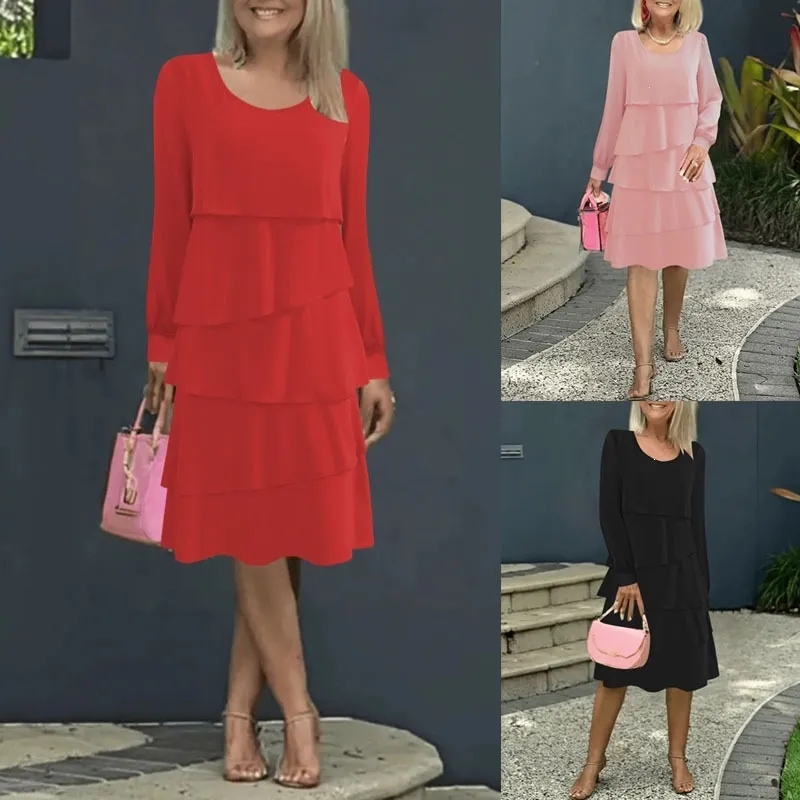 Abito Midi in Maglia Largo a Maniche Lunghe con Collo Rotondo Tinta Unita Casual Autunnale da Donna Moda