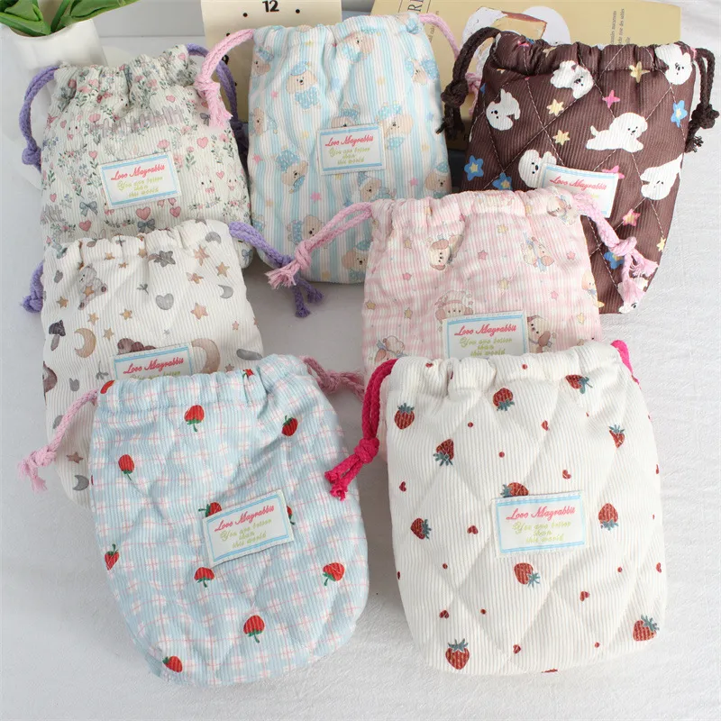 Bolsa de Almacenamiento con Cordón de Pana Acolchada Estilo Ins Patrón de Cachorro Floral Estuche Portátil para Cámara Suave Antipolvo Organizador de Maquillaje
