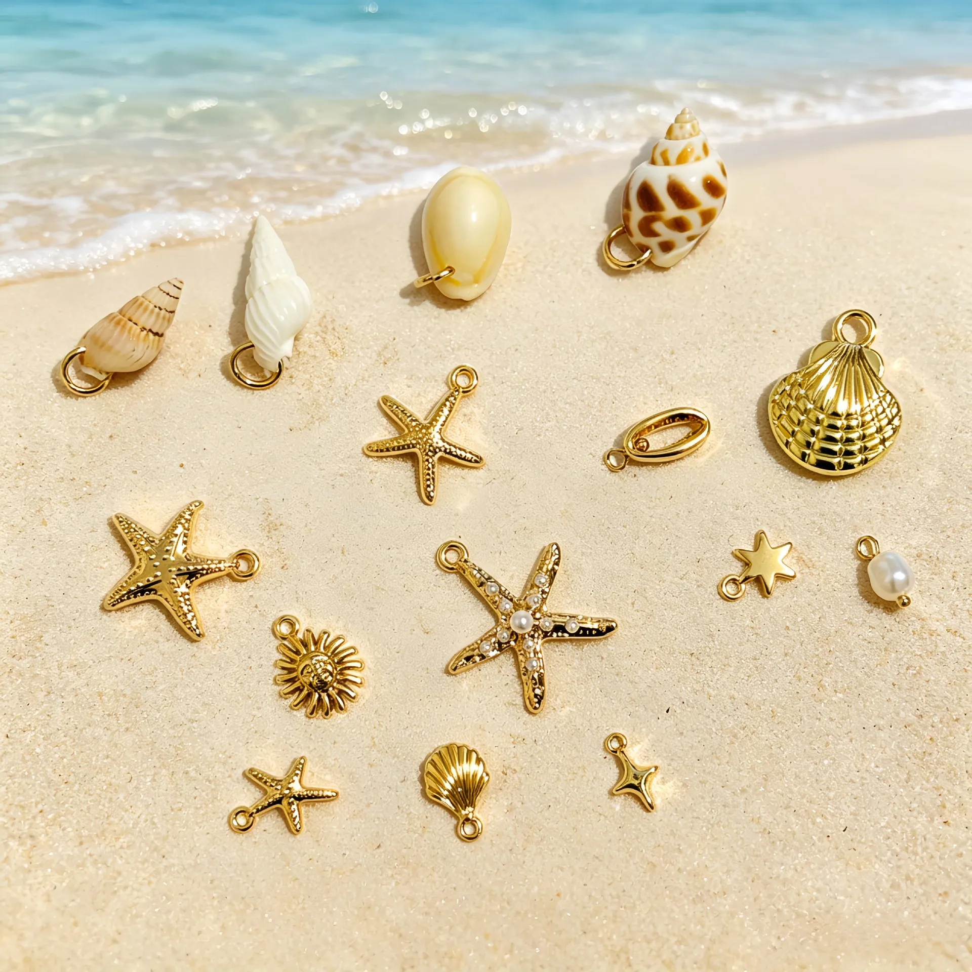 Ocean Theme DIY Jewelry Making Pendants Gold Plated Zinc Alloy Starfish Sea Shell Artificial Pearl Sun Charms For Bracelet Necklace