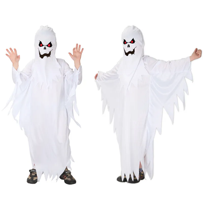 Costume da Fantasma Bianco di Halloween per Bambini Cosplay Vestito Spaventoso Con Occhi Rossi Vestito con Cappuccio per Festa