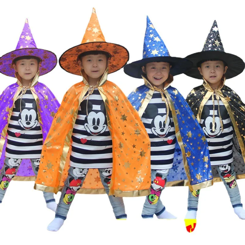 Cape d'Halloween Étoile Enfant Costume Sorcière Magicien avec Chapeau Tenue de Fête