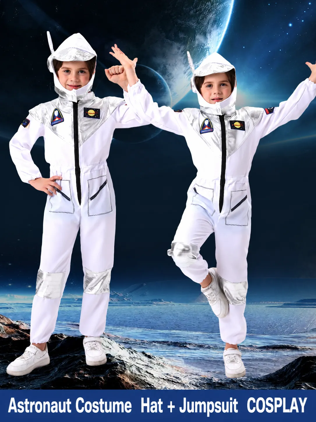 Kids Astronaut Cosplay Costume Halloween Stage Performance Jumpsuit With Hat White Space Man Outfit For Children Party