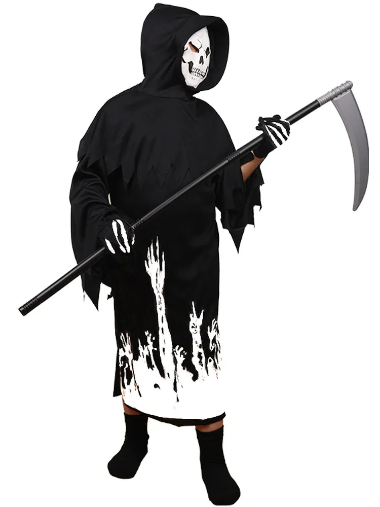 Costume da Mietitore di Halloween per Bambini Vestito con Cappuccio e Stampa Scheletro